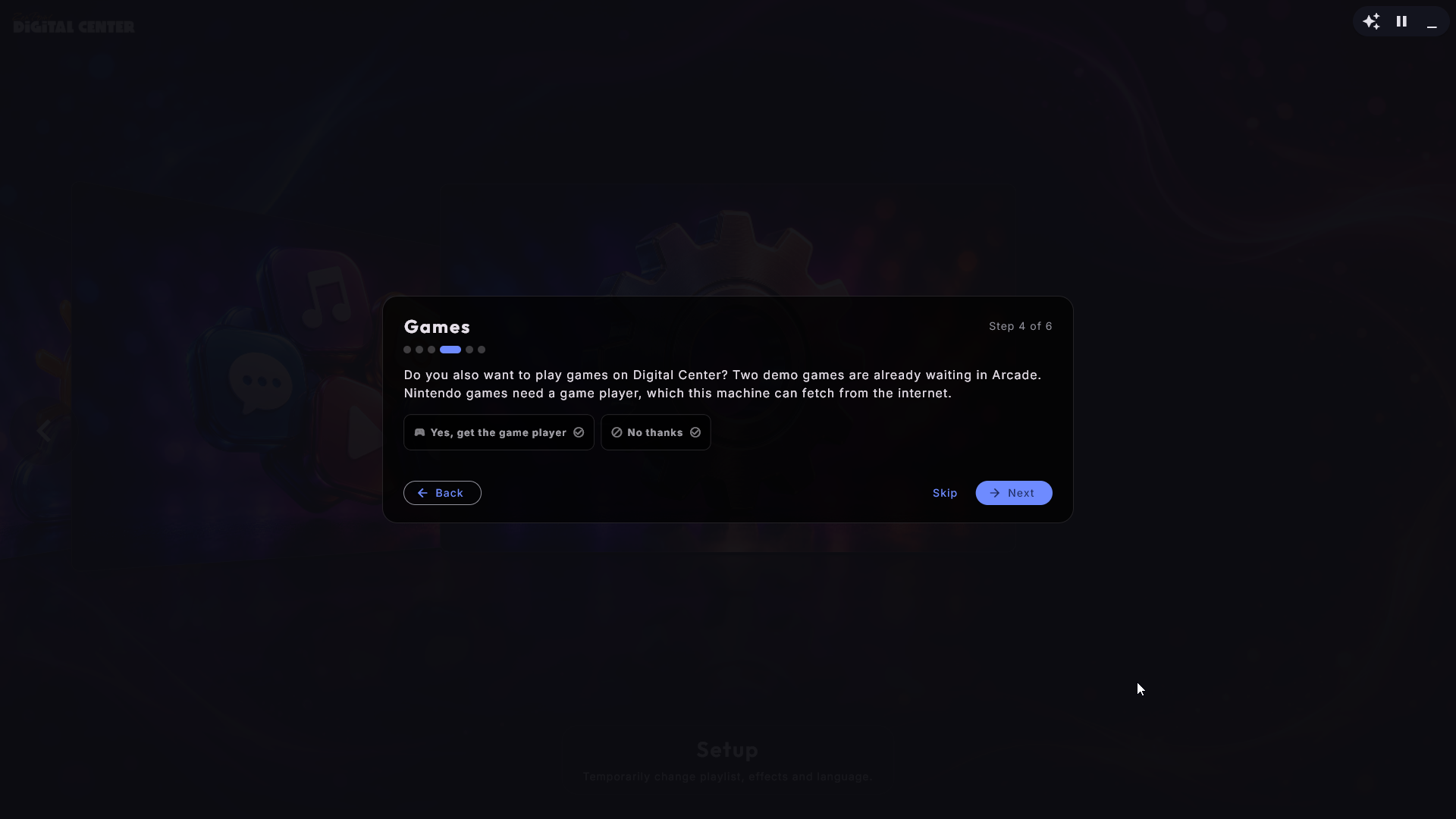 Il passo Giochi nella guida di configurazione