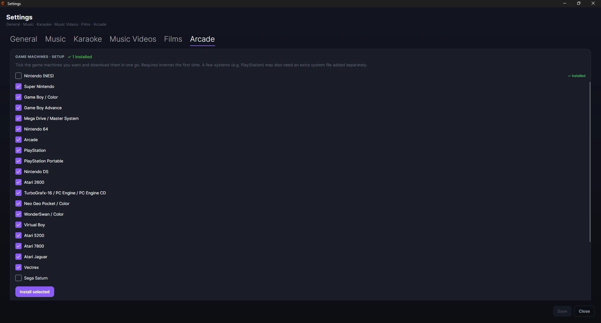 The ZenPoint Media Manager Arcade settings with a checklist of emulator systems and an install button.
