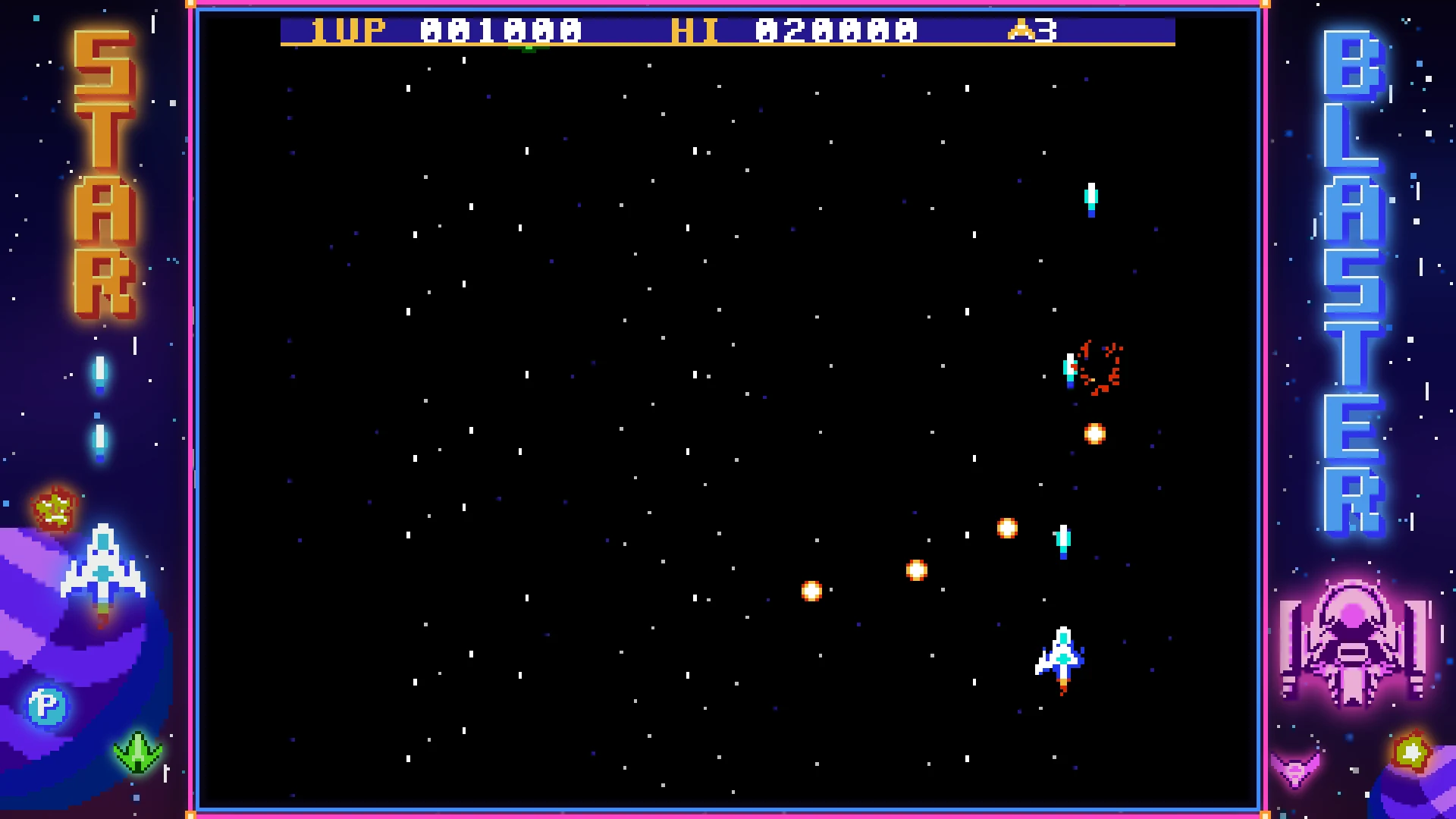 A retro arcade game running embedded in full screen with the discreet back button in the corner.