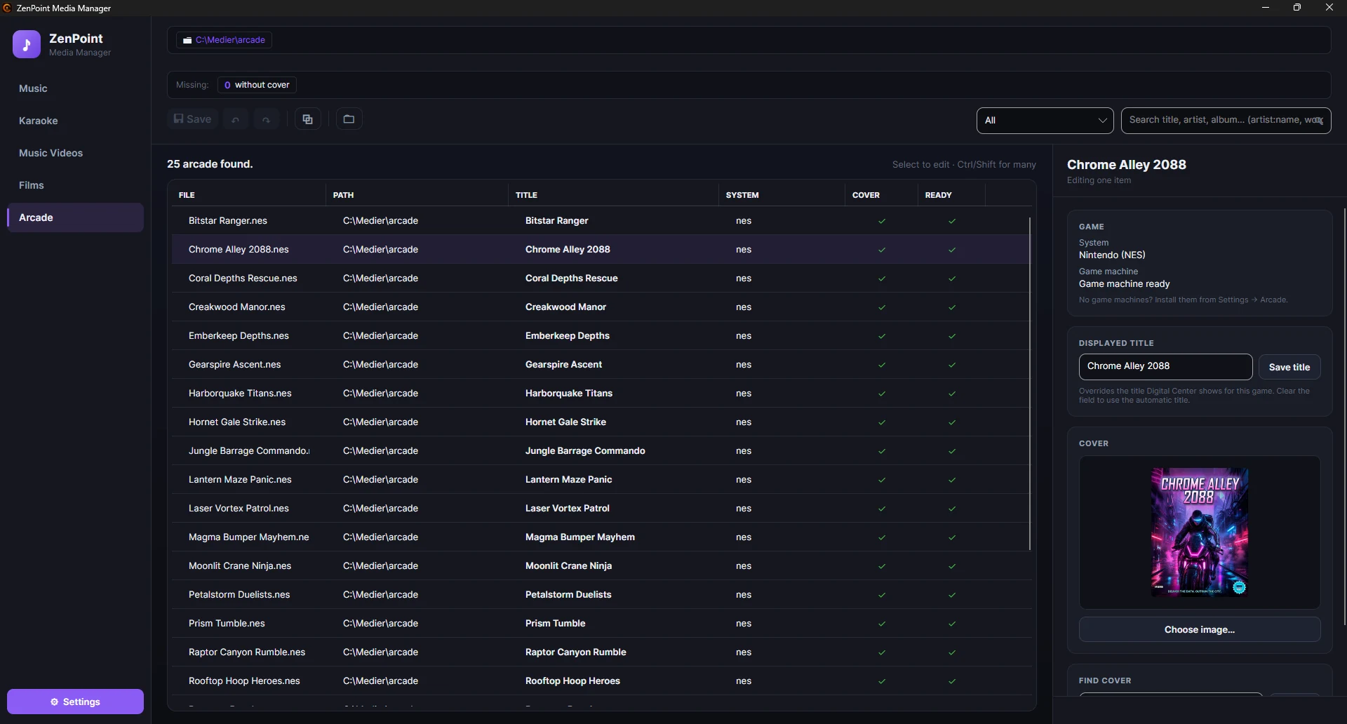 The Arcade tab in ZenPoint Media Manager with the game list and the editing panel showing the cover.