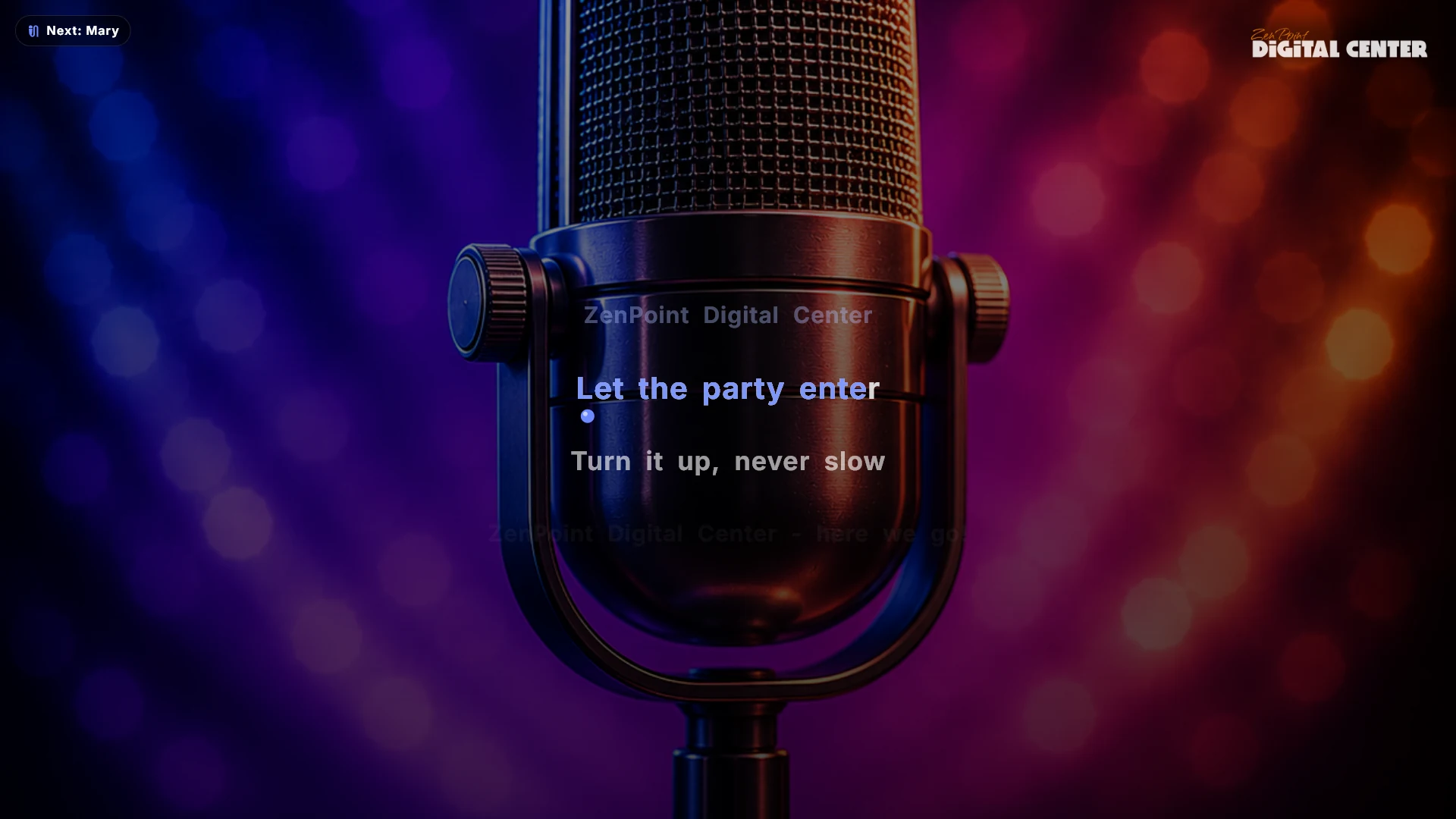 Full-screen karaoke lyrics with word-by-word coloring and the bouncing ball above the text.