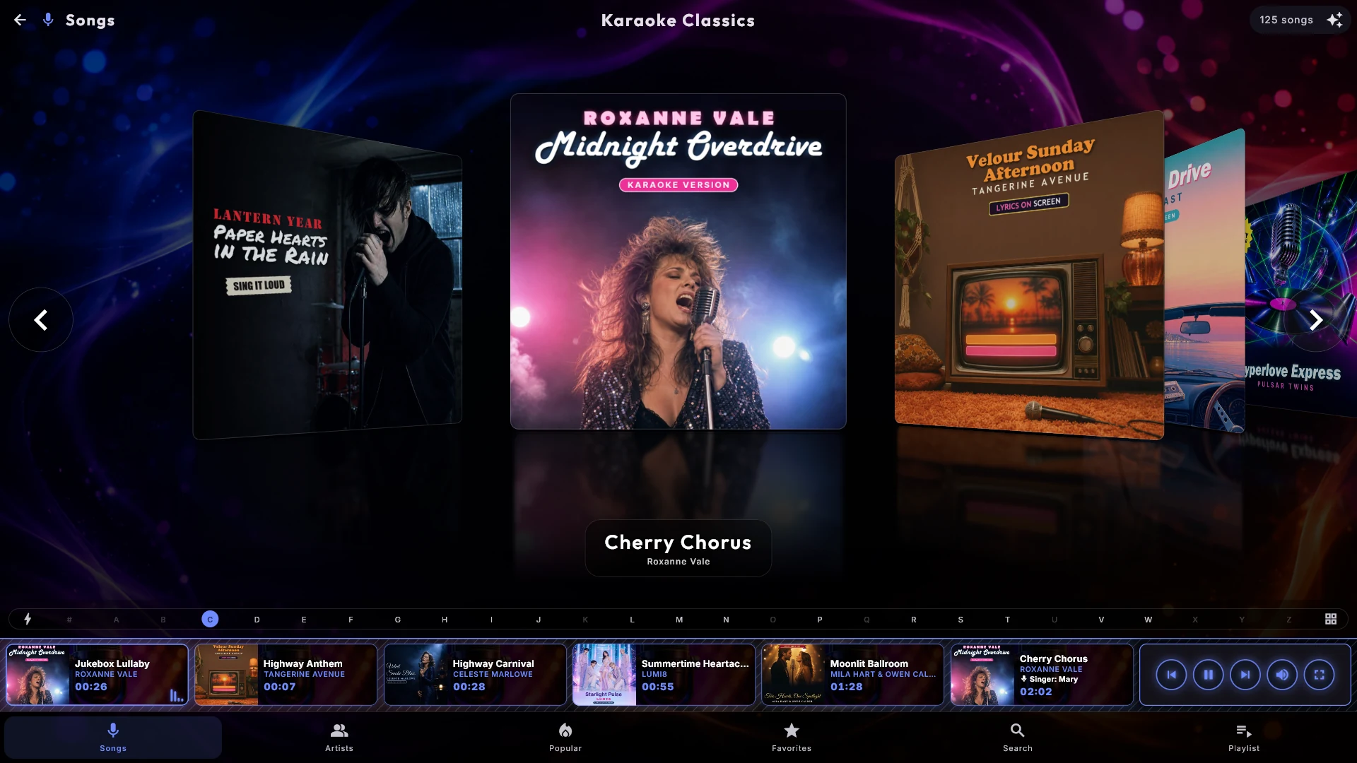 The Karaoke center showing songs as tiles, with the Titles, Artists, Search and Playlist menu at the bottom.