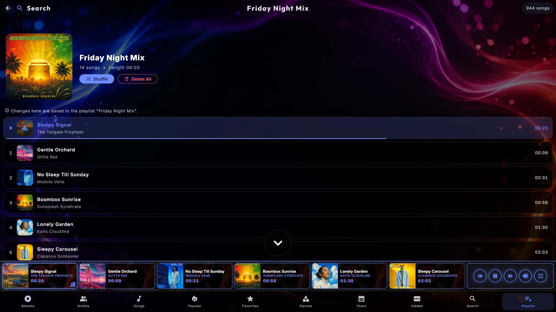 The play queue with the upcoming tracks, cover art and the track playing now.