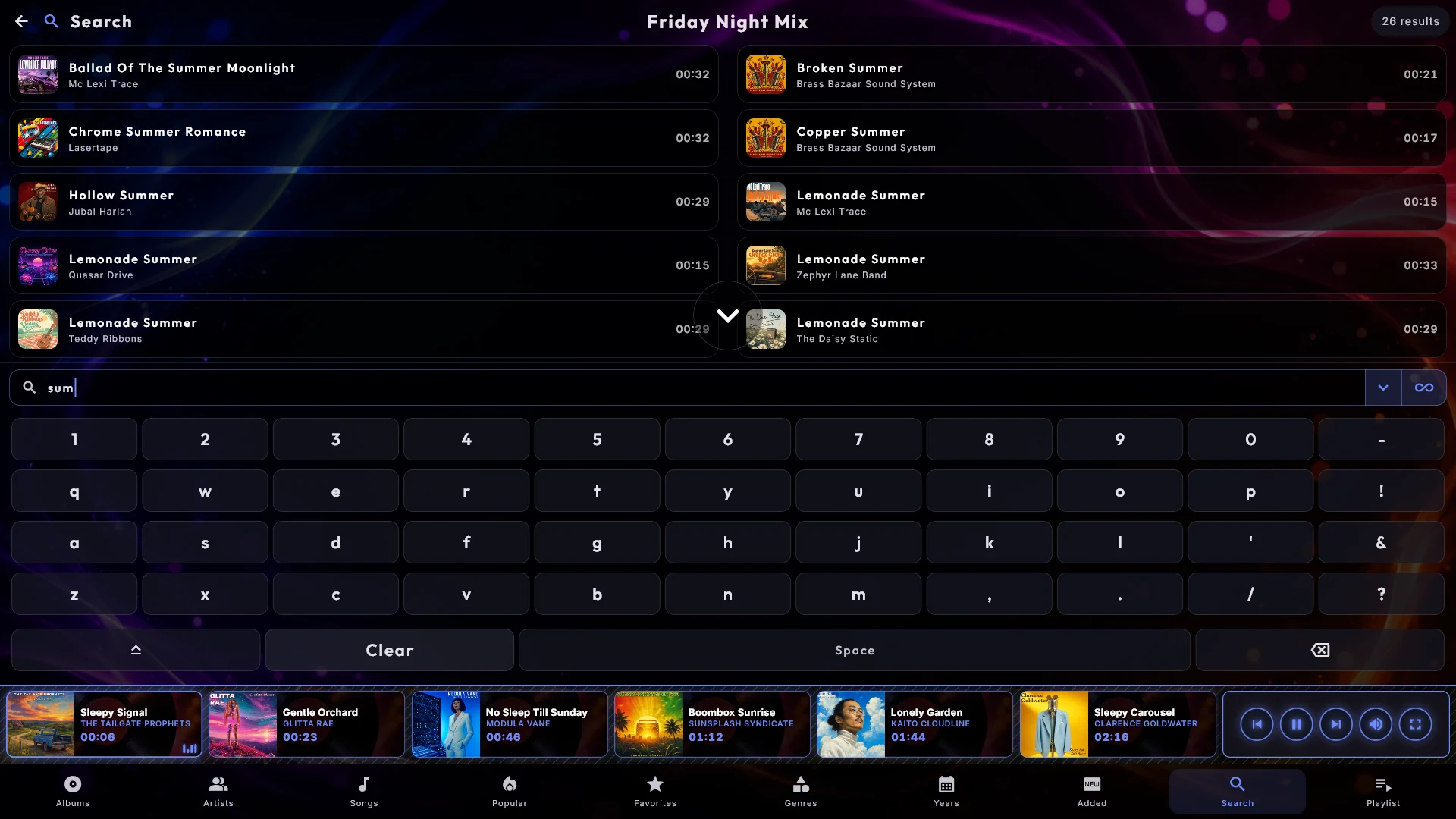 The Music center search page with the on-screen keyboard and live results.