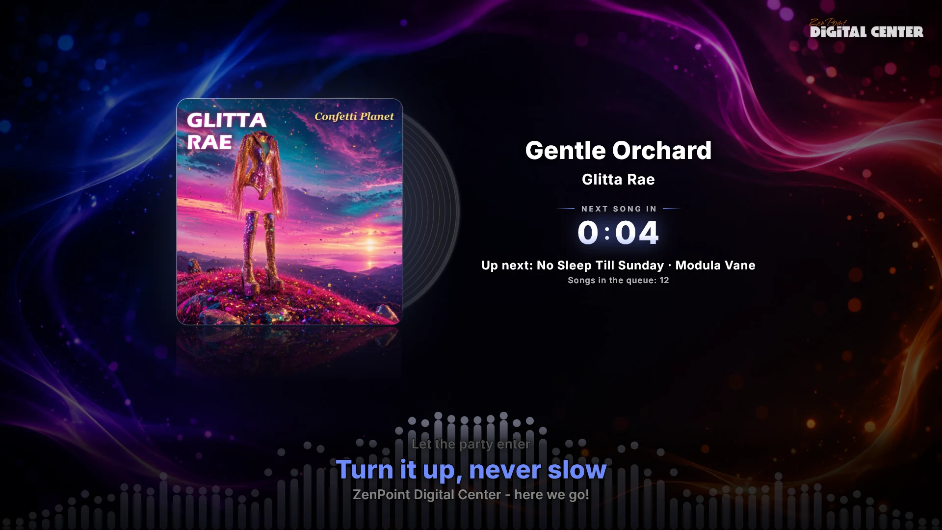 A large album cover next to a colorful spectrum visualizer dancing to the sound.