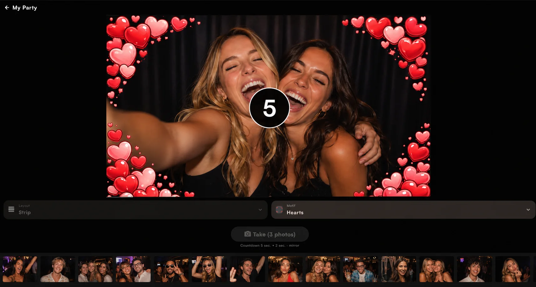 The Photo Booth center with a live camera image, a fun overlay and a large countdown.