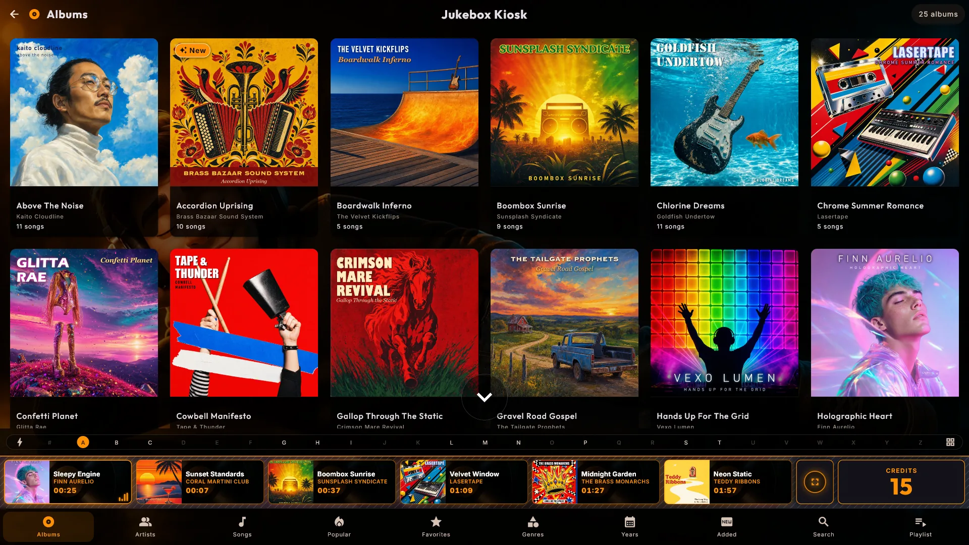 The locked jukebox screen with a song queue and a QR code guests scan to queue karaoke songs.