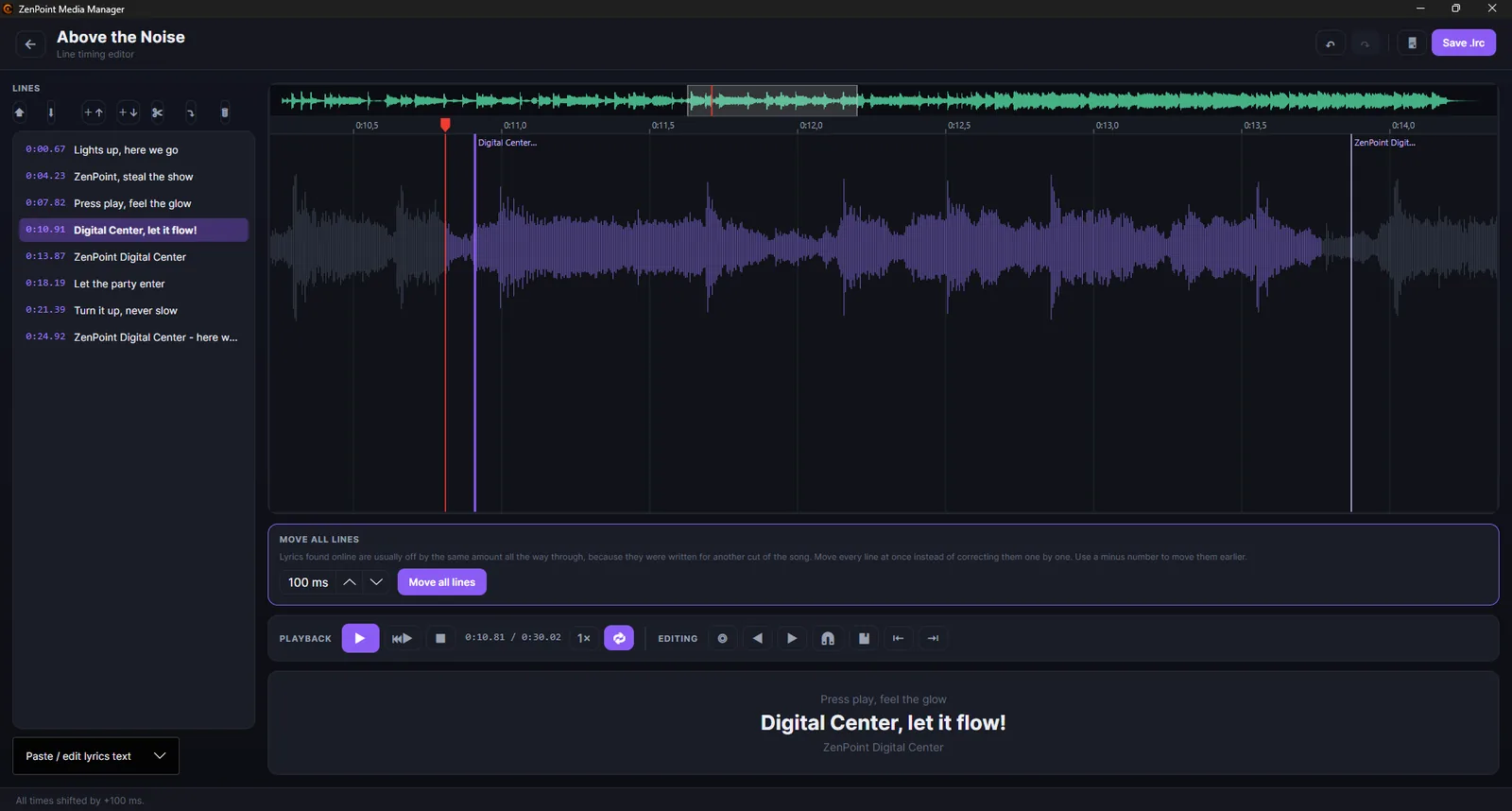 The line timing editor in ZenPoint Media Manager with the song as a waveform, the list of lines, and the Move all lines tool for moving every line earlier or later at once.