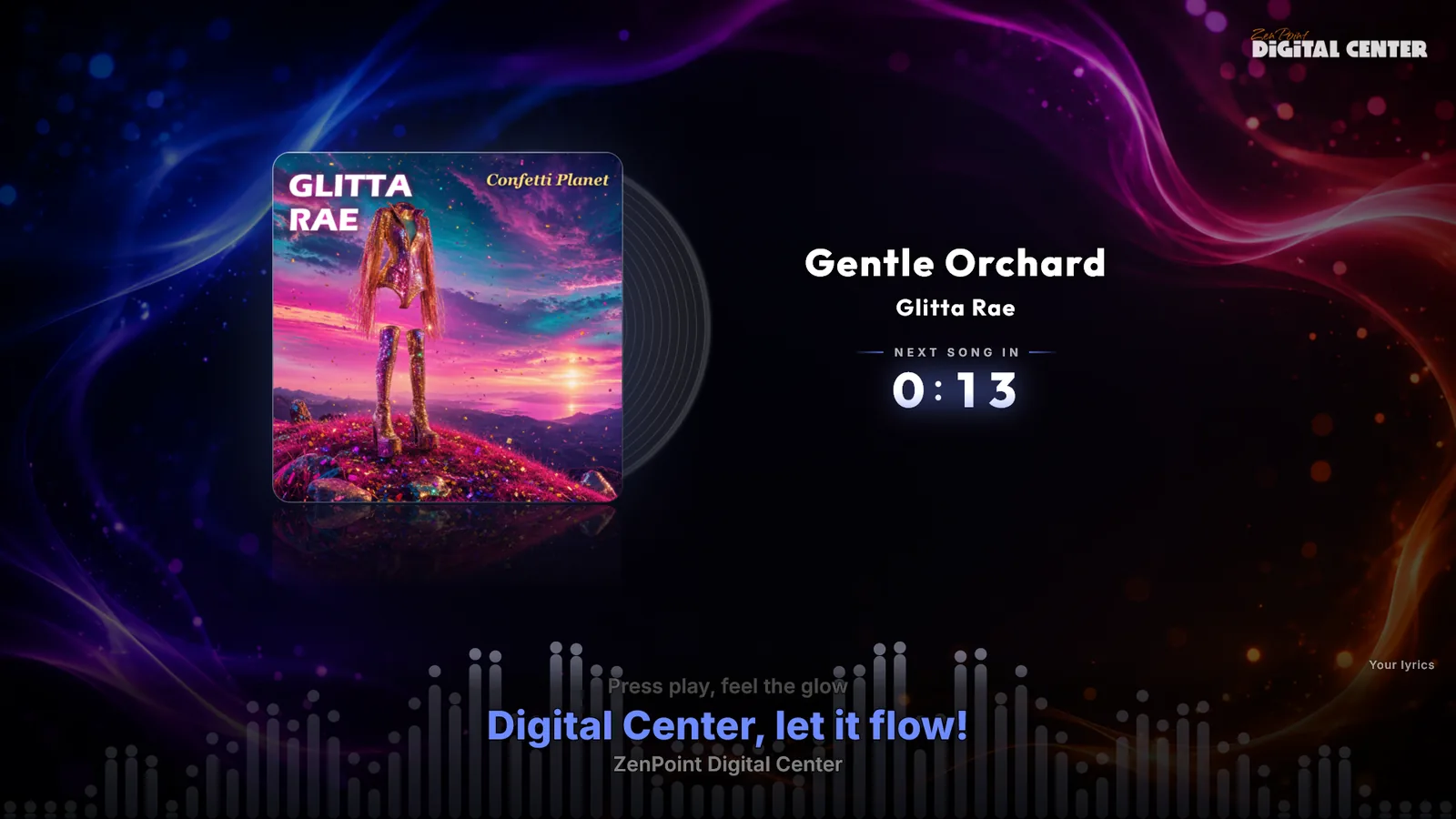 The Digital Center full-screen music player with the lyrics scrolling in time with the song, the line being sung lit up, and the small Your lyrics label above them.