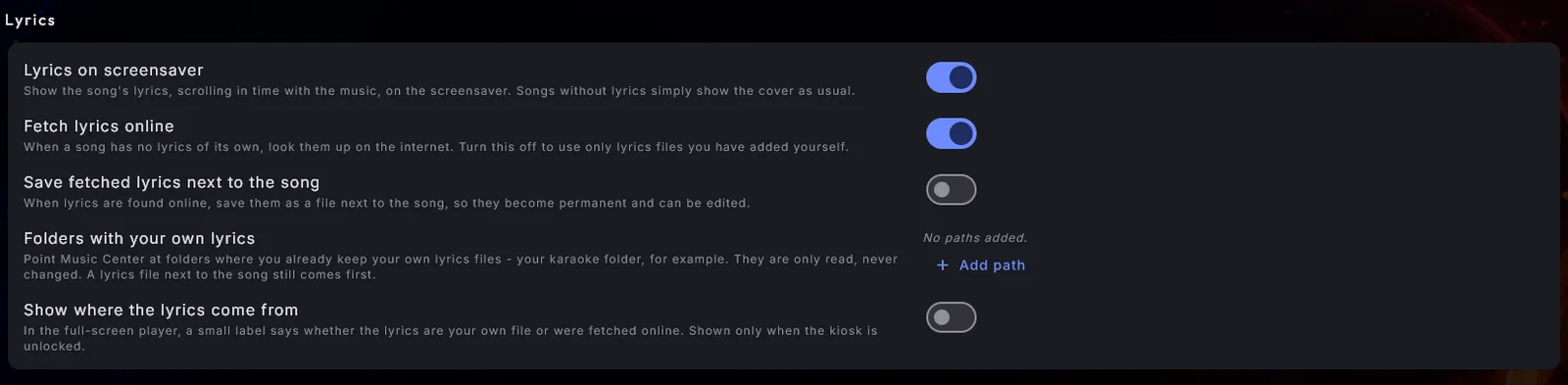 The Lyrics section of the Music settings in Digital Center Administration: lyrics on the screensaver, fetch lyrics online, save fetched lyrics next to the song, folders with your own lyrics and show where the lyrics come from.