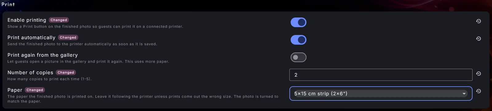 The Print settings of the Digital Center Photo Booth with printing and automatic printing switched on, two copies, and 5x15 cm strip paper.