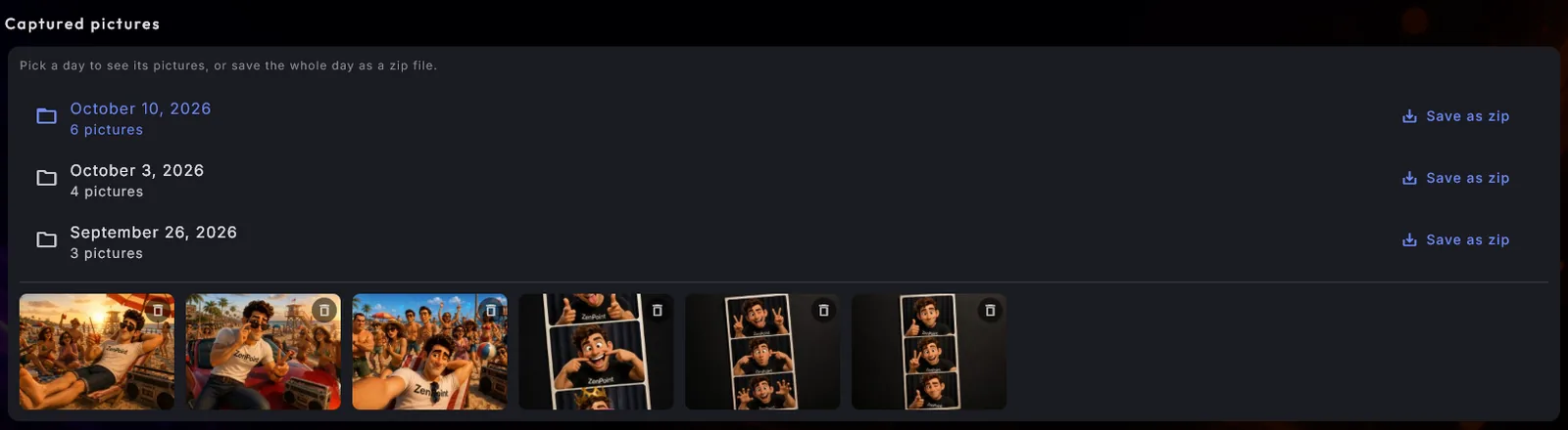The Captured pictures section of the Photo Booth settings, listing the pictures day by day with a Save as zip button for each day.