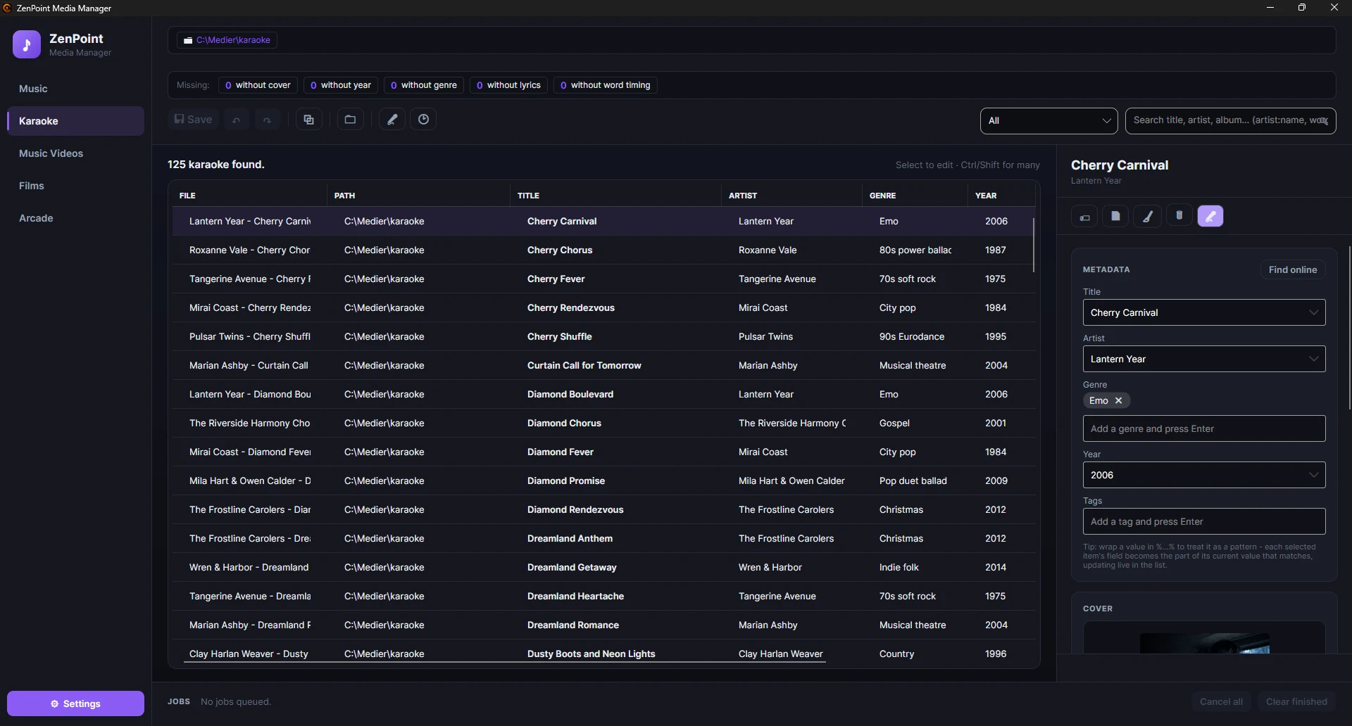 The Karaoke tab in ZenPoint Media Manager with the remove-vocals and create-timing tasks running.