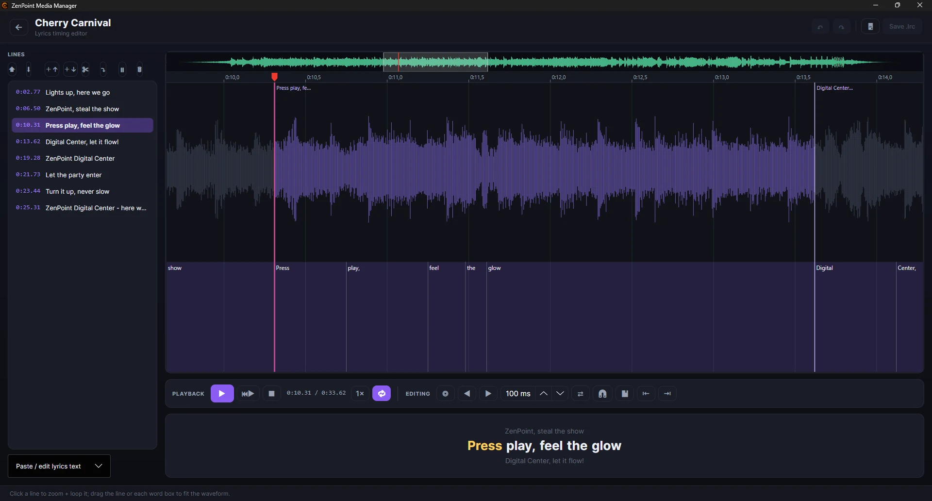 The timing editor showing the waveform with word boxes, the overview strip and the playhead.