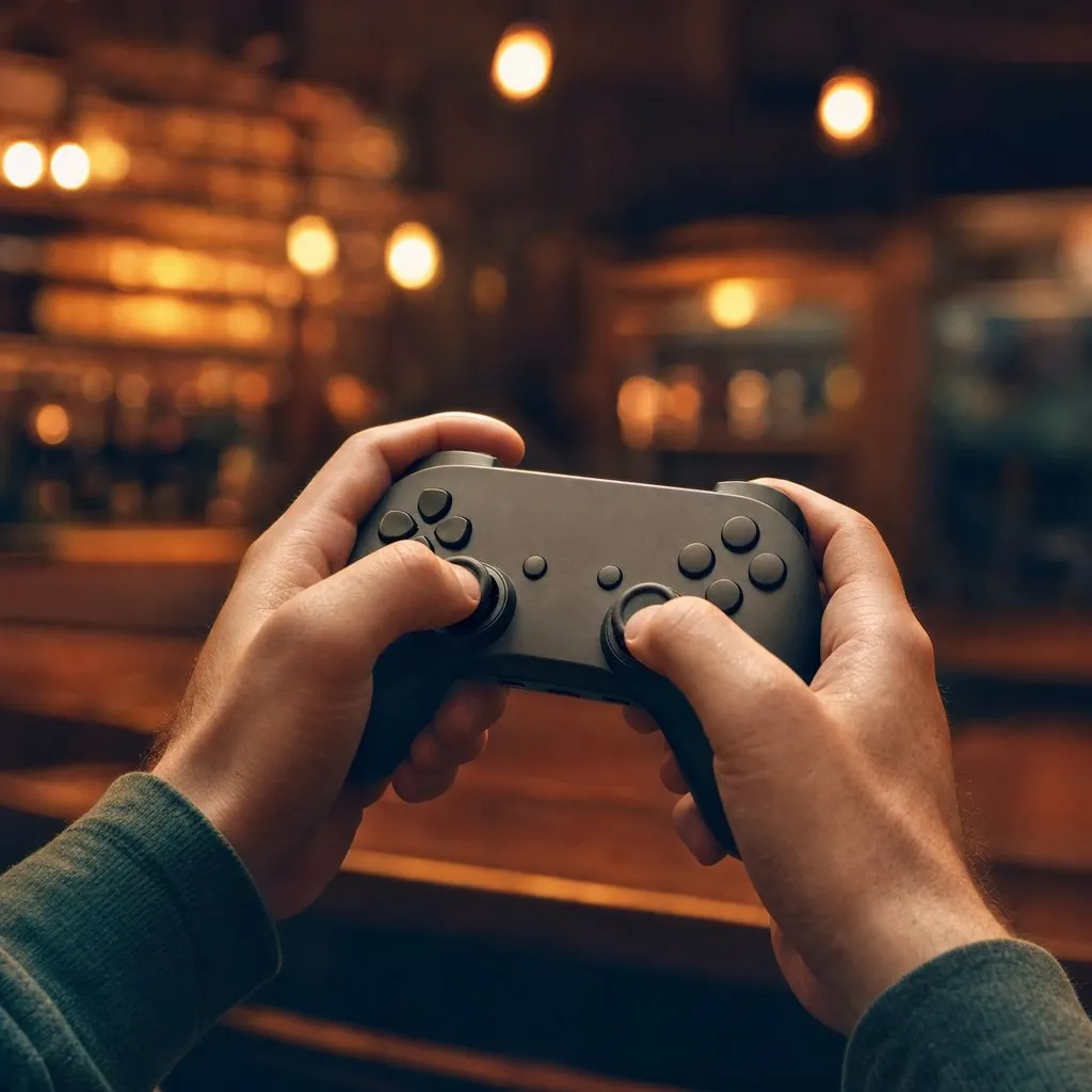 Two hands holding a game controller in a bar