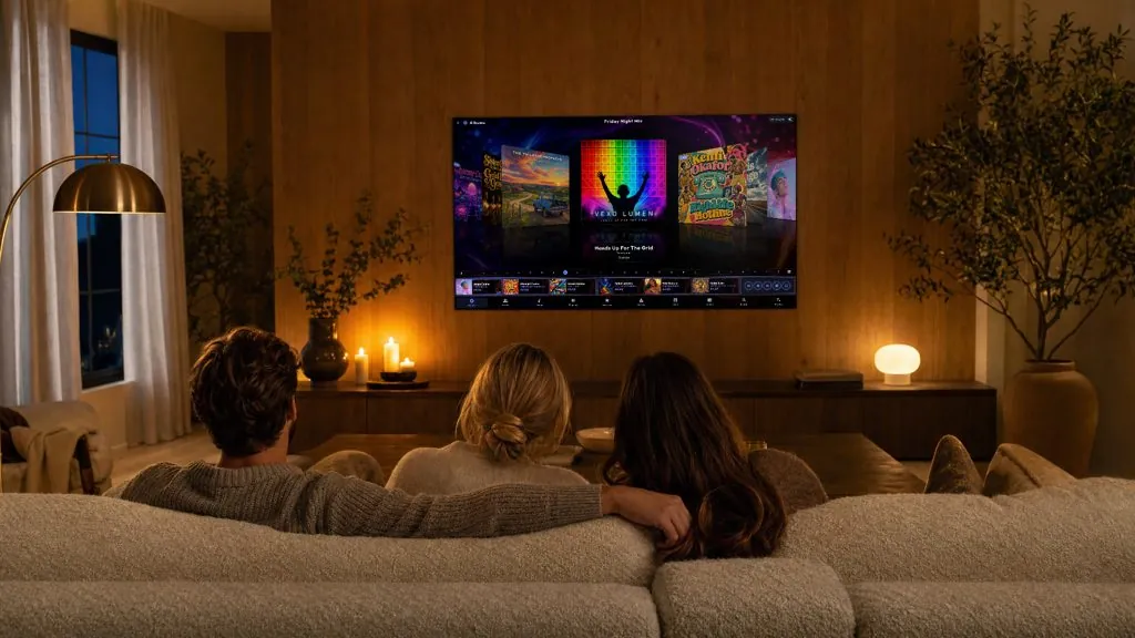 Friends on a sofa, Digital Center on the TV