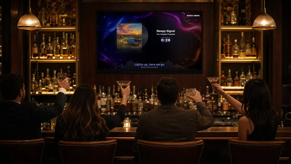 Guests raise their glasses at a bar, Digital Center on the screen