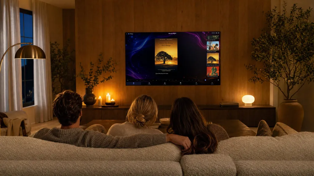 Friends on a sofa in a warm living room, a film chosen on the TV