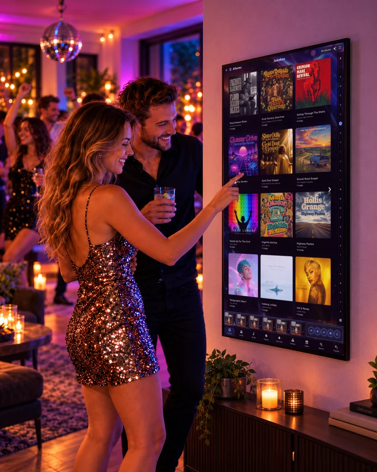 At a house party, a woman taps an album cover on a touchscreen on the living room wall while her friend smiles